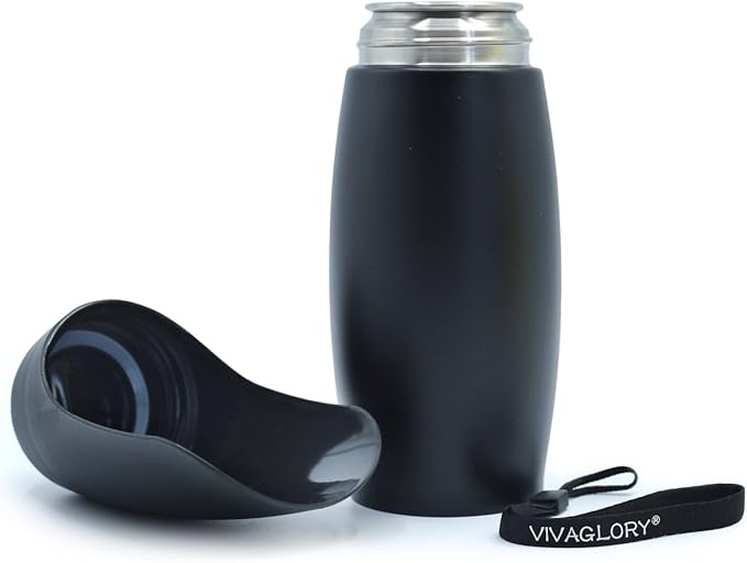 VIVAGLORY Dog Water Bottle, Pet Drinking Bottle, 25oz Portable & Leakproof Stainless Steel Dog Travel Water Bottle Bowl with Large Trough for Walking & Hiking, Classic Black