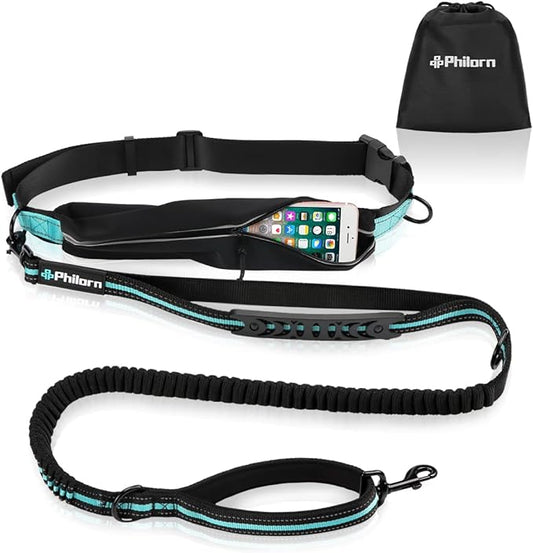 PHILORN Hands Free Dog Leash for Running, Jogging | Reflective Stitching, Adjustable Waist Belt(24"-47"), Phone Pouch, Shock Absorbing Dual Handle Bungee(47"-67") for Large Dog