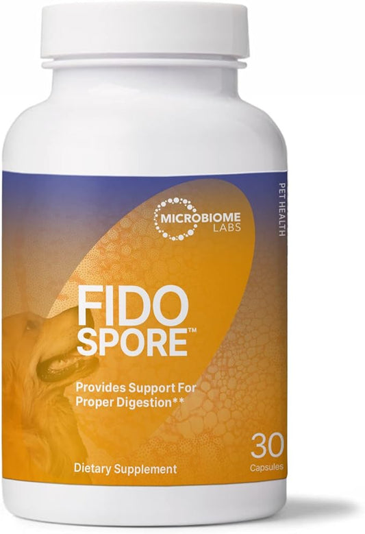 Microbiome Labs FidoSpore - Dog & Cat Digestive Supplement - Bacillus Subtilis Spore Based Probiotic to Support Digestion & Gut Health - Grass Fed Beef Liver Flavored Probiotics for Dogs (30 Capsules)
