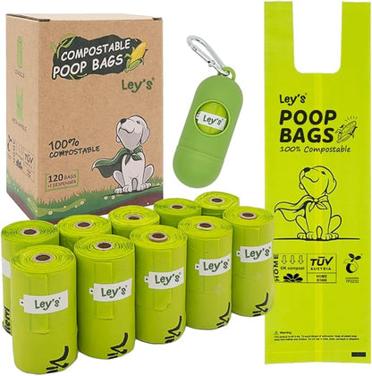 Ley's Compostable Dog Poop Bags, Plant-Based Biodegradable Doggie Waste Bags with Easy Tie Handles, Unscented, Vegetable-Based, Dog Bags Refill Rolls with Dispenser and Leash Clip