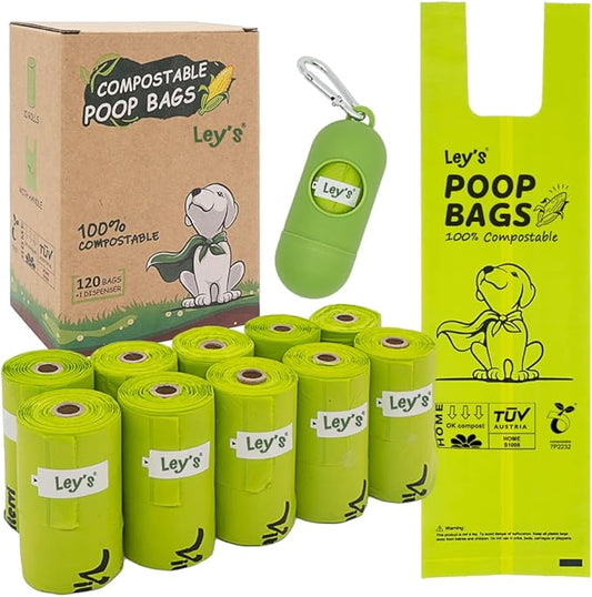Ley's Compostable Dog Poop Bags, Plant-Based Biodegradable Doggie Waste Bags with Easy Tie Handles, Unscented, Vegetable-Based, Dog Bags Refill Rolls with Dispenser and Leash Clip