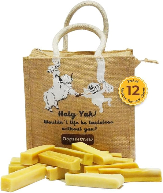 Dogsee Turmeric Flavor Himalayan Yak Cheese Dental Chews for Dogs Bulk Pack 2lb (Medium - 12 Chews) | Help Alleviate Joint Pain | Keep Dogs Busy for Long | Healthy Yak Chews