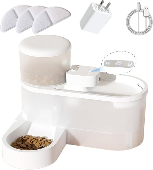 Marchul Wireless Pet Fountain and Gravity Auto Feeder Set, 67 oz(2L) Non-Leakage Silent Pet Fountain with Multi-Angle Auto Cat Feeder, Motion Sensor Pet Fountain Dual Mode, with Filter, Charger