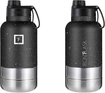 IRON °FLASK Portable Dog Water Bottle & Bowl - All-in-One Travel Accessories Pet Food & Liquids for Car, Hiking, Camping - Leak-Proof, Double Walled, Insulated - 32 oz, 2 Dog Bowls - Black Speckle