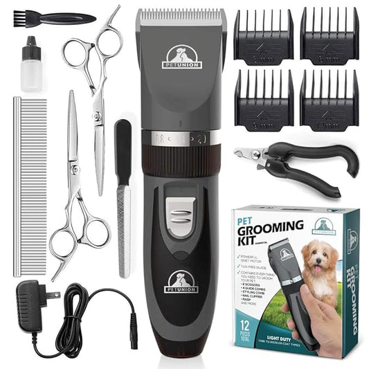 Pet Union Professional Dog Grooming Kit - Cordless Low Noise Dog Clippers for Grooming Thick Coats - All Pet Safe Cat Hair Trimmer - Pet Grooming Kit includes Dog Hair Clippers, Nail Trimmer & Shears