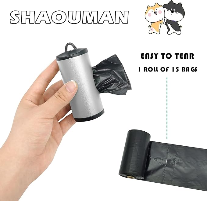 Metal Dog Poop Bags Holder Aluminum Poo Bags Dispenser with 15 Black Unscented Pet Waste Bags and 3 Leash Accessories for Dog Walking(1 Holder 15 Bags,Silver)