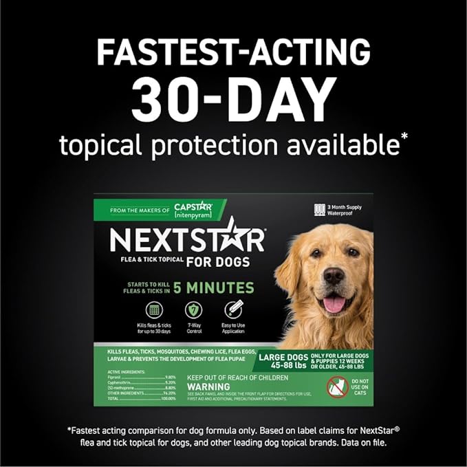 Flea and Tick Prevention for Dogs, Repellent, and Control, Fast Acting Waterproof Topical Drops for Large Dogs, 3 Monthly Doses