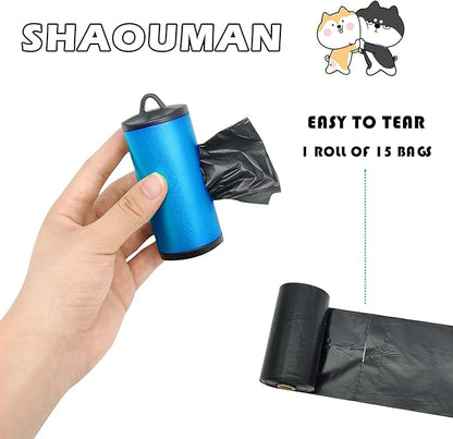 Metal Dog Poop Bags Holder Aluminum Poo Bags Dispenser with 15 Black Unscented Pet Waste Bags and 3 Leash Accessories for Dog Walking(1 Holder 15 Bags,Blue)