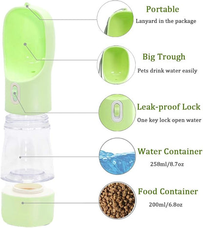 Dog Water Bottle for Walking, Multifunctional and Portable Dog Travel Water Dispenser with Food Container,Detachable Design Combo Cup for Drinking and Eating,Suitable for Cats and Puppy