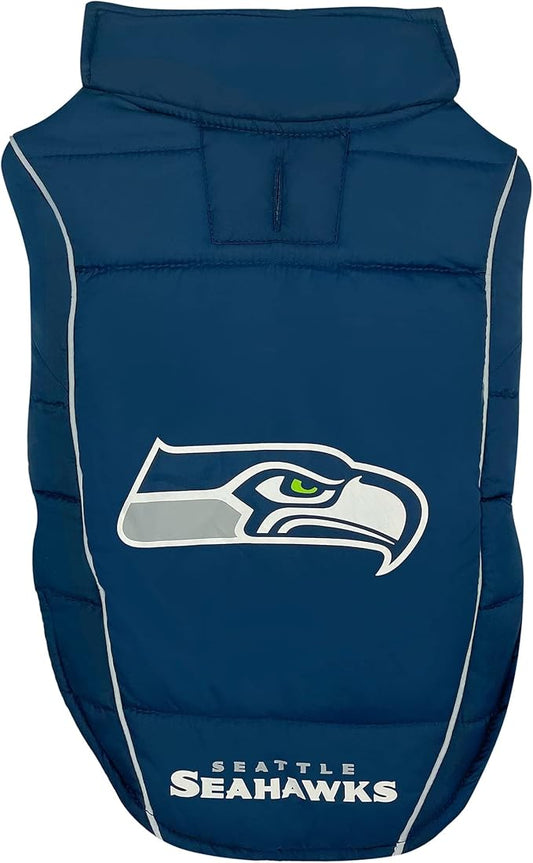 NFL New Seattle Seahawks Puffer Vest for Dogs & Cats, Size Small. Warm, Cozy, and Waterproof Dog Coat, for Small and Large Dogs/Cats. Best NFL Licensed PET Warming Sports Jacket