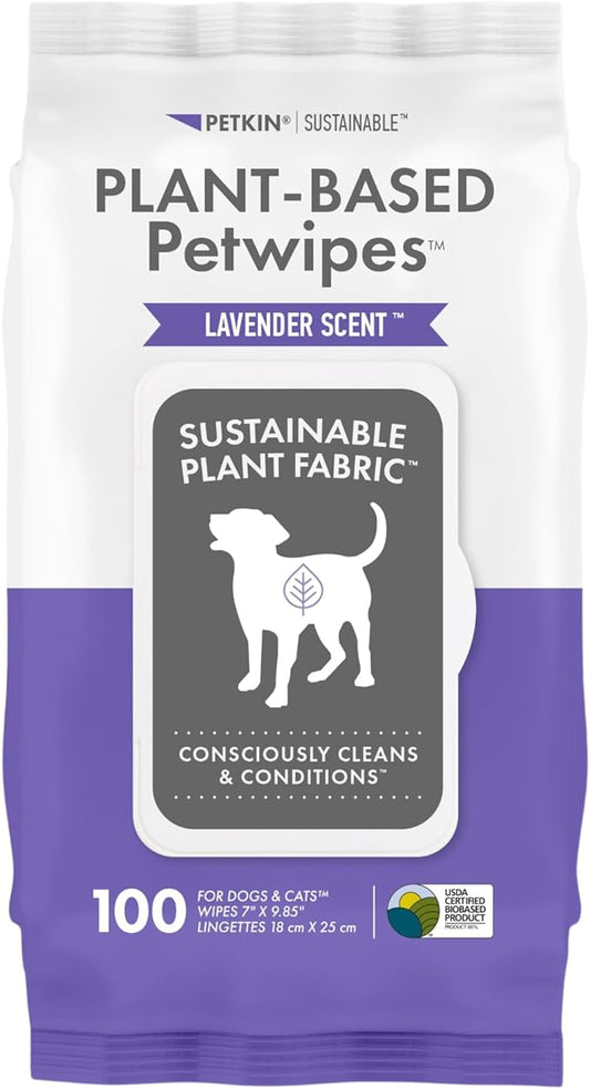Petkin Plant-Based PetWipes, 100 Wipes - Biobased, Sustainable, Big & Thick Pet Wipes for Dogs & Cats - for Face, Paws, Ears, Body & Eye Area - Consciously Cleans & Conditions - Lavender
