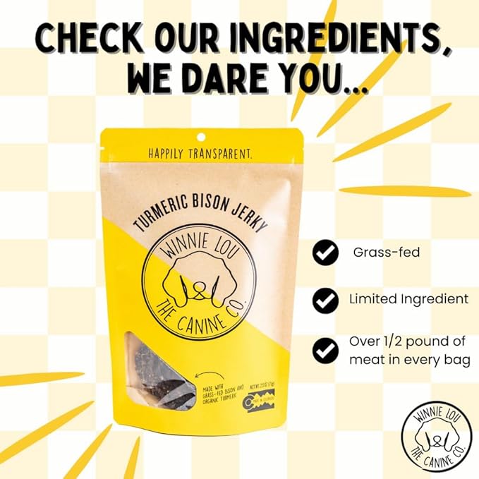 WINNIE LOU Jerky Organic Jerky Dog Treats Made in The USA – Human Grade Dog Treats – Dog Jerky Treats – All Natural Dog Treats – Healthy Dog Treats (Turmeric Bison Jerky)
