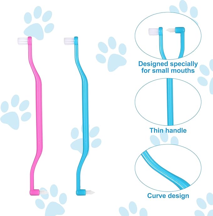 2pcs Dual Sided Cats & Dogs Toothbrushes, Kitten Puppy Toothbrush Pet Teeth Cleaning Brush with Micro Brush Head & Curved Handle Cat Dental Care Supplies to Reduce Plaque Tartar Formation