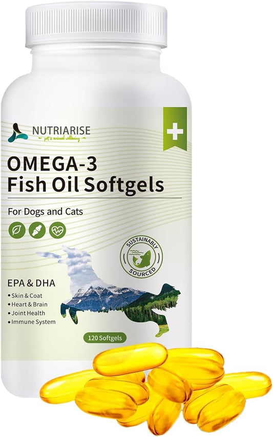 Omega 3 Fish Oil for Dogs and Cats, Dog & Cat Fish Oil Pet Supplement, Skin and Coat Supplement for Shedding, Dry Itchy Skin and Allergies, Rich in EPA & DHA with Omega 3 Fatty Acids, 120 Softgels