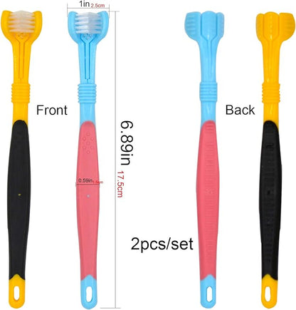 Dog Toothbrushs, 2pcs Blue Yellow, Battery Powered, Suitable for Adult Dogs, Three Sided Design for Easy Teeth Cleaning