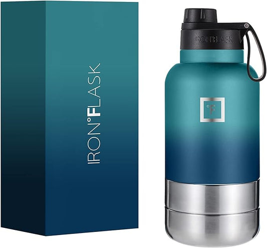 IRON °FLASK Portable Dog Water Bottle & Bowl - All-in-One Travel Accessories Pet Food & Liquids for Car, Hiking, Camping - Leak-Proof, Double Walled, Insulated - 32 oz, 2 Dog Bowls - Dark Night