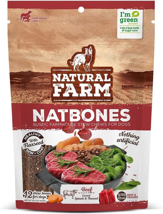 Natural Farm Natbones Superfood, All Natural Beef Flavor Dog Treats (12 Pack) - Chewy Beef Protein Treat Carrots, Green Peas, Spinach & Flaxseed, Natural Soup Bone, Engaging Dual Texture