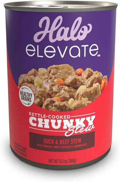 Halo Elevate Wet Dog Food, Kettle Cooked Chunky Healthy Grains Duck & Beef Stew with Carrots, White Potatoes & Brown Rice, 12.7oz (Pack of 6)