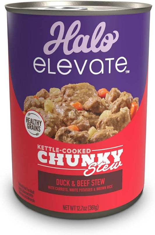Halo Elevate Wet Dog Food, Kettle Cooked Chunky Healthy Grains Duck & Beef Stew with Carrots, White Potatoes & Brown Rice, 12.7oz (Pack of 6)