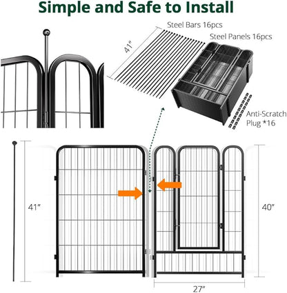 PawGiant Dog Fence Playpen 24”/32”/40” Indoor Outdoor for Small/Medium/Large Dogs, Metal Pet Puppy Cat Exercise Fencing Gate Crate Cage Outside RV, Camping, Yard, Garden (16 Panel, 27" W x 40" H)