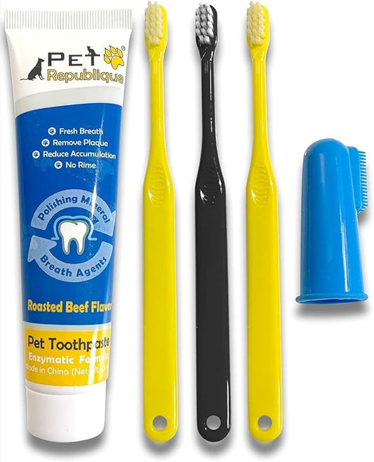 Enzymatic Dog Toothpaste Kit with Handle Toothbrushes Cats and Dogs Dental Cleaning Kit - 3.5 oz Beef Flavor Toothpaste, 3 Mini Handle Toothbrushes, 1 Silicon Finger Toothbrush