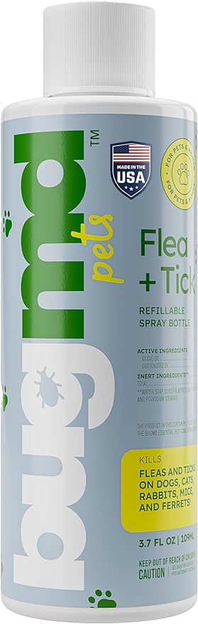 BugMD Flea and Tick Concentrate (3.7 oz)- Essential Oil-Powered Formula, Controls Fleas, Ticks, Mites in Dogs, Cats, and Other Furred Animals, Spray on Pet Beds, Kennels