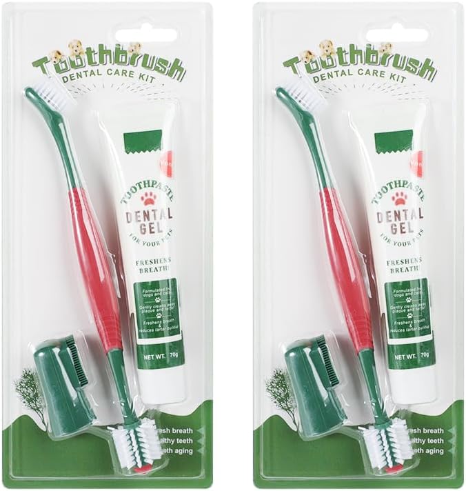 3-Piece Dog Toothbrush Kit, 2 Pack Tooth Brushing Pet Cat Teeth Cleaning Oral Dental Care Fresh Breath Brush Set with Toothbrush Toothpaste Fingerbrush for Puppy Small Medium Dogs - Vanilla Flavor