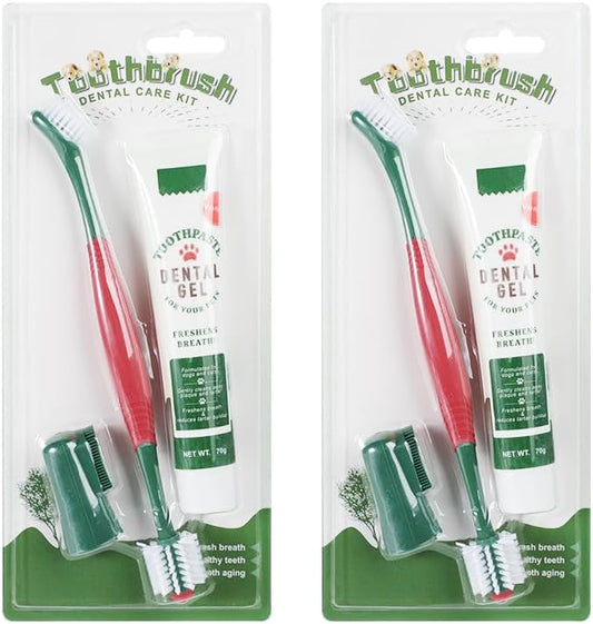 3-Piece Dog Toothbrush Kit, 2 Pack Tooth Brushing Pet Cat Teeth Cleaning Oral Dental Care Fresh Breath Brush Set with Toothbrush Toothpaste Fingerbrush for Puppy Small Medium Dogs - Vanilla Flavor