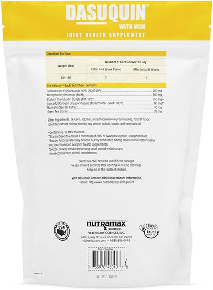 Nutramax Laboratories Dasuquin with MSM Joint Health Supplement for Large Dogs - With Glucosamine, MSM, Chondroitin, ASU, Boswellia Serrata Extract, and Green Tea Extract, 84 Soft Chews