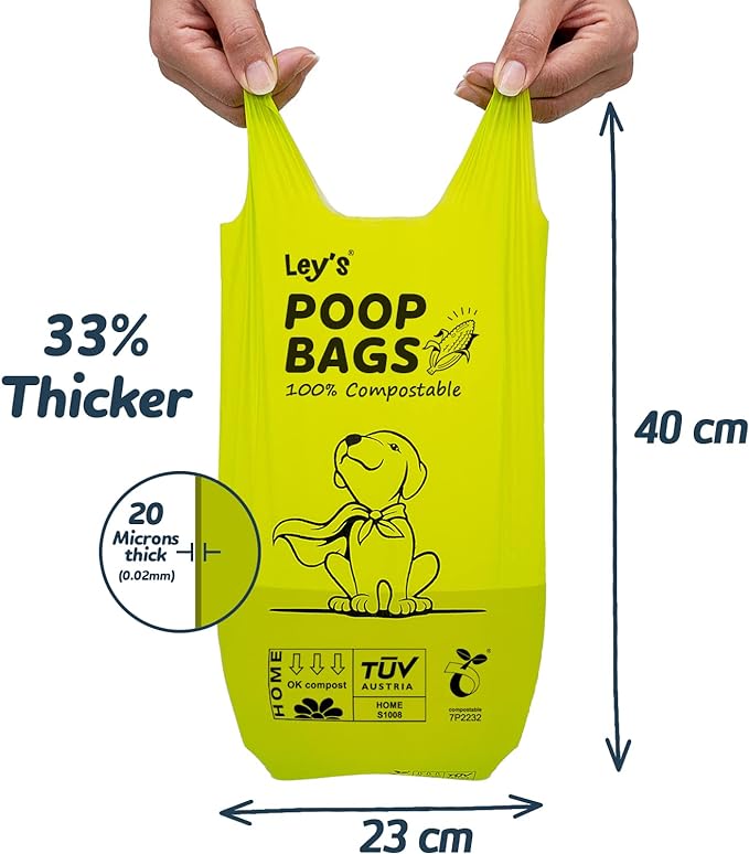 Ley's Compostable Dog Poop Bags, Plant-Based Biodegradable Doggie Waste Bags with Easy Tie Handles, Unscented, Vegetable-Based, Dog Bags Refill Rolls with Dispenser and Leash Clip