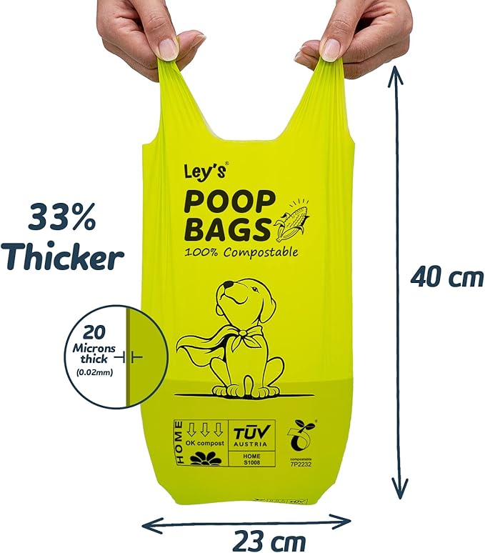 Ley's Compostable Dog Poop Bags, Plant-Based Biodegradable Doggie Waste Bags with Easy Tie Handles, Unscented, Vegetable-Based, Dog Bags Refill Rolls with Dispenser