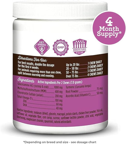 VetPro Dog Hip and Joint Supplement - Pain and Inflammation Relief Chews with Glucosamine, Chondroitin, MSM, Turmeric, Vitamin C, Omega 3 - Treats Hip Dysplasia, Arthritis - Dogs Chewable Supplements