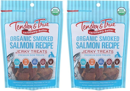 Tender & True Pet Nutrition Sustainable Salmon Recipe Jerky blue bag 4 ounces (Pack of 2)