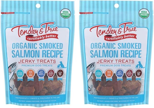 Tender & True Pet Nutrition Sustainable Salmon Recipe Jerky blue bag 4 ounces (Pack of 2)