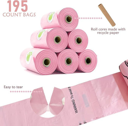 Dog Poop Pickup Bags Holder Dispenser with Standard-Sized Leak-Proof Scented Doggy Waste Bags and Carabiner with Safety Lock&Fastener Never Loose on Leash Lead Again (1 Holder 195 Bags, Pink)