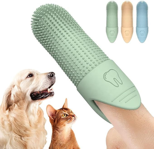 New !! ** 360 Degrees Dog and Cat Finger Toothbrush Cleaning Dog Finger Silicone Brushing PET Dental Care, 3 Pack (Green, Blue, Cream-Coloured)