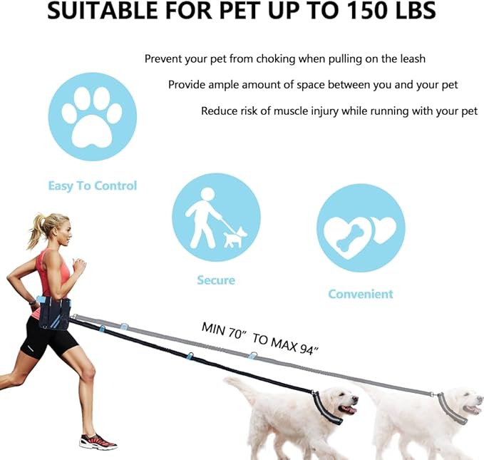 Hands Free Dog Leash for 2 Dogs with Dual Bungees, Reflective Stitches & Retractable Waist Leash for Dog Walking, Adjustable Dog Running Waist Belt with Pouch for Running, Walking, Hiking & Jogging