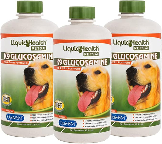 LIQUIDHEALTH 32 Oz K9 Liquid Glucosamine for Dogs, Puppies and Senior Canines - Chondroitin, MSM, Hyaluronic Acid – Joint Health, Dog Vitamins Hip Joint Juice, Dog Joint Oil - 3 Pack