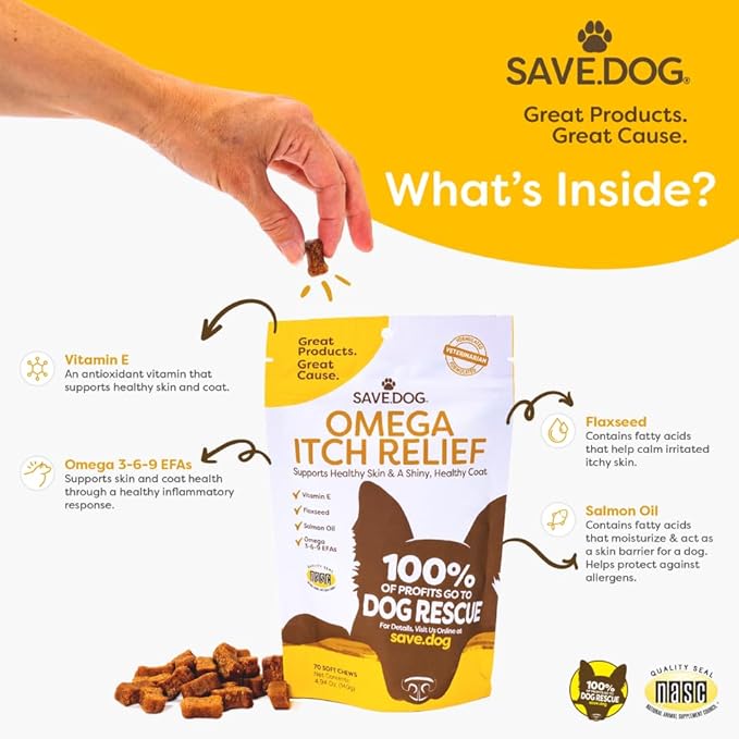 Omega Itch Relief for Dogs – Healthy Skin and Coat Supplement for Dogs with Vitamin E, Flax Oil and Salmon Oil for Dog Itch Relief - Dog Supplement with a Cause (70 Chews)