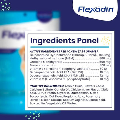 Vetoquinol Flexadin Hip and Joint Supplement with Glucosamine for Dogs, Joint Support Chew with Green-Lipped Mussel and MSM, 90-Count
