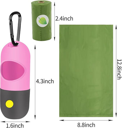 2 Pack Dog Poop Bag Dispenser with Built-in LED Flashlight, Pet Waste Bag Holder for Leash with Carabiner Clip for Lead Leash, 2 Rolls Leak-proof Doggy Waste Bags for Dog Walking, Pink, Eliamo