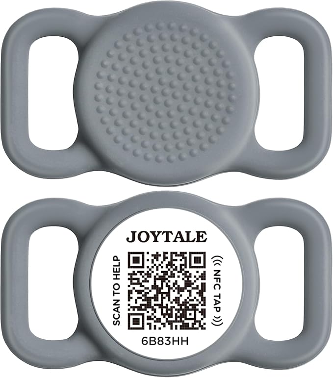 Joytale [ NO APP Required ] Silent Silicone QR Code Dog Tag, Slide On Dog Tags for 1 Inch Wide Collars or Vest, NFC Pet Online Profile, Scan QR to Send Location Alert Email, Gray, M