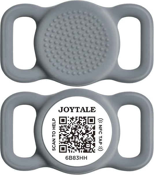 Joytale [ NO APP Required ] Silent Silicone QR Code Dog Tag, Slide On Dog Tags for 1 Inch Wide Collars or Vest, NFC Pet Online Profile, Scan QR to Send Location Alert Email, Gray, M