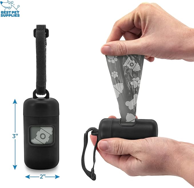 Best Pet Supplies Dog Poop Bag Holder Leash Attachment with 30 Bags, Reusable Dispenser for Travel, Walking, Park, and Outdoor Use, Durable with Clip-On - Black, Pack of 2