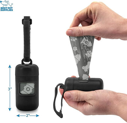 Best Pet Supplies Dog Poop Bag Holder Leash Attachment with 30 Bags, Reusable Dispenser for Travel, Walking, Park, and Outdoor Use, Durable with Clip-On - Black, Pack of 2