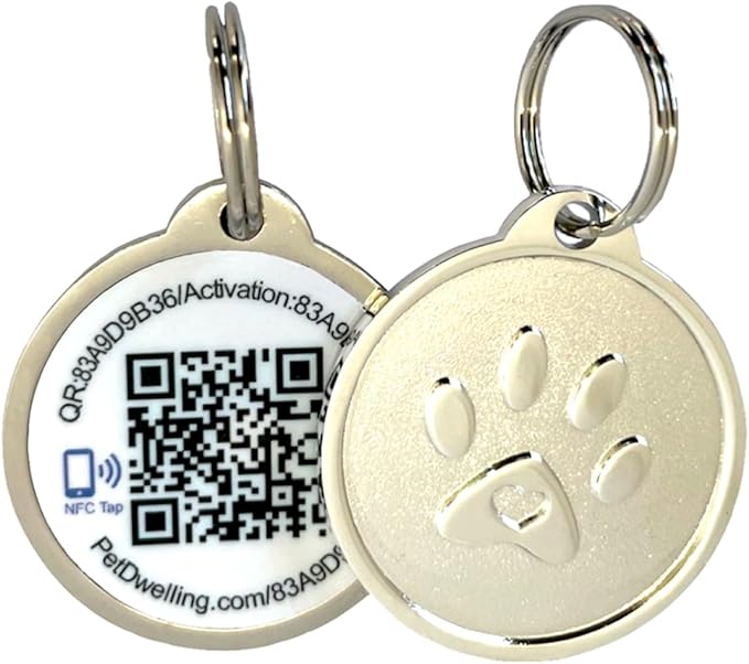 Premium NFC-QR Code Pet ID Tags - Dog Tags and Cat Tags, Connect to Online Pet Profile, Receive Instant Scanned Location Email Alert(Silver Paw)