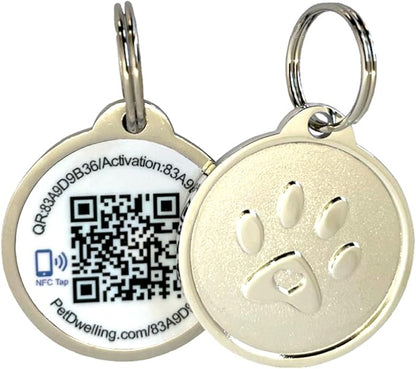 Premium NFC-QR Code Pet ID Tags - Dog Tags and Cat Tags, Connect to Online Pet Profile, Receive Instant Scanned Location Email Alert(Silver Paw)