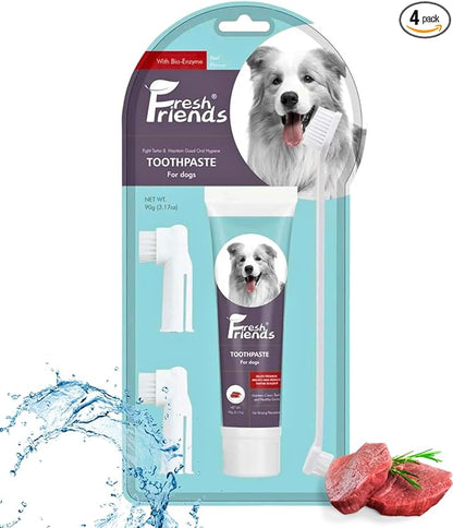 FRESH FRIENDS Enzymatic Dog Tooth Brushing Kit | Dog Toothbrush and Toothpaste | Puppy Tooth Brushing Kit | Dog Teeth Cleaning Kit | Improves Gum Health | Dog Dental Kit (Beef Flavor)