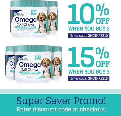 Omega Skin and Coat Chews for Dogs, Wild Salmon Dog Treats with Biotin & Vitamin E, Helps with Itchy Skin, Allergy Relief & Shedding, Omega 3 6 9, EPA & DHA Fatty Acids, Made in USA, 120 Chews