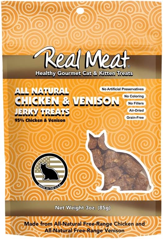Real Meat, Air-Dried Jerky Treats, Free-Range, All-Natural Chicken Venison Cat Treat 3oz